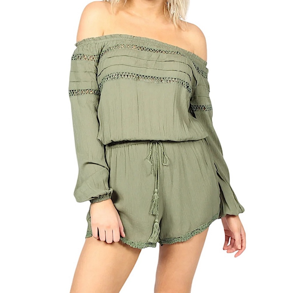 CHELSEA & VIOLET: Off-Shoulder Lace Trim Romper -Size XS